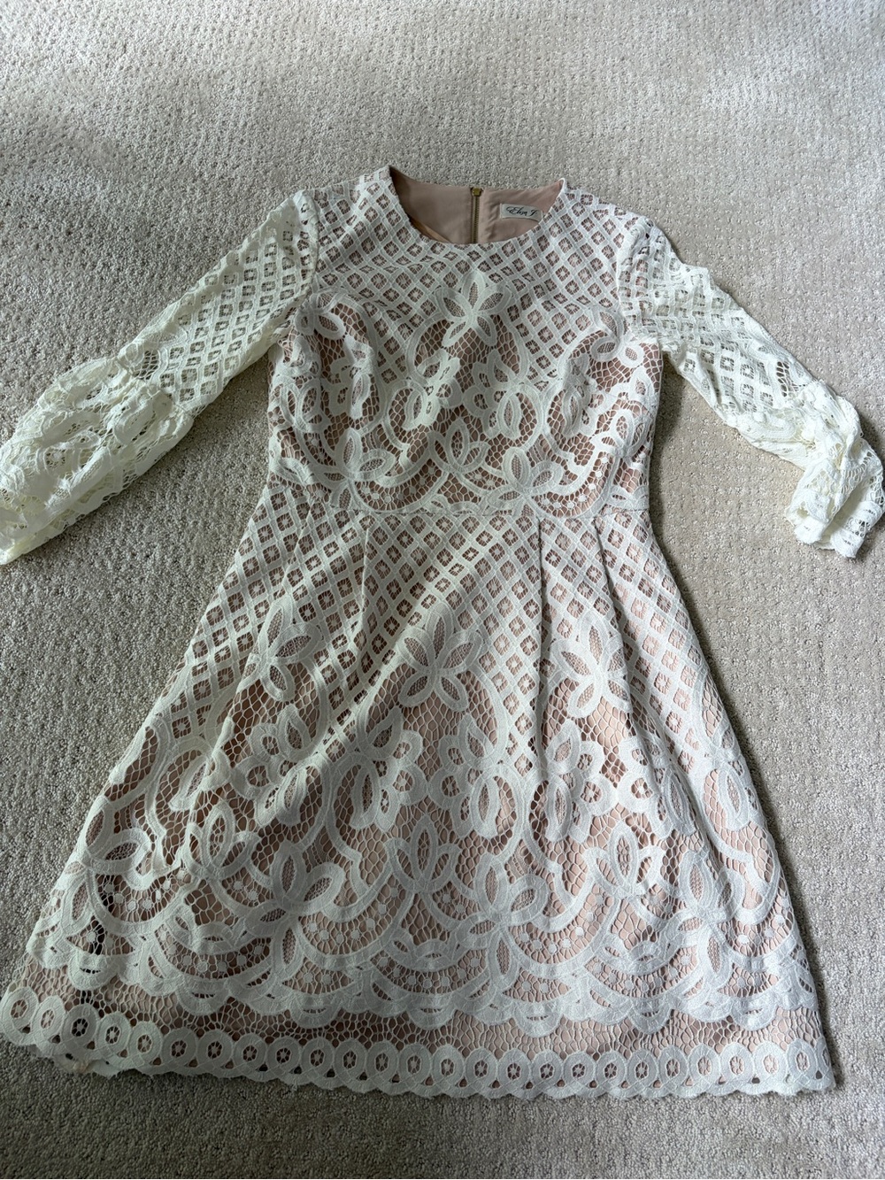Eliza J White Lace Overlay Dress with Tan Lining